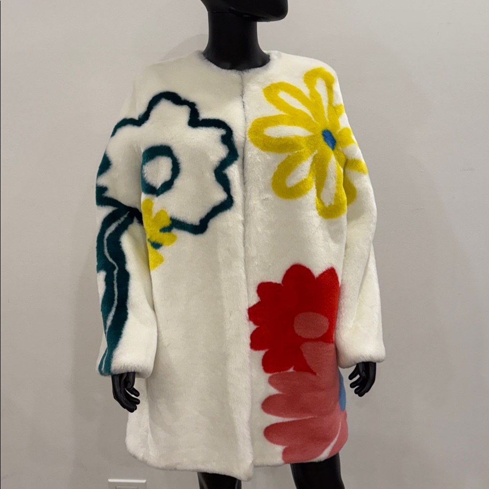 MIRA MIKATI Oversized Floral Faux Fur Statement Coat Size 38 NEW